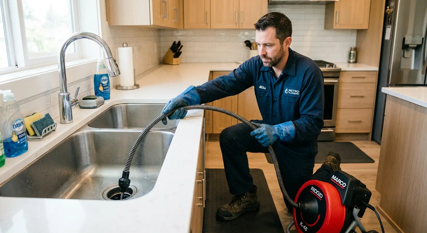Drain cleaning technician using a motorized snake on a kitchen sink in Marlton