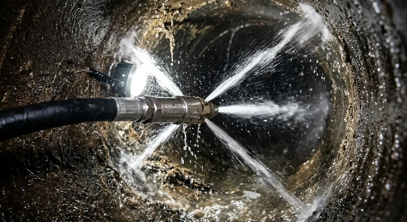 High-pressure hydro jetting nozzle cleaning sewer pipe for Trenchless Sewer Repair in Marlton
