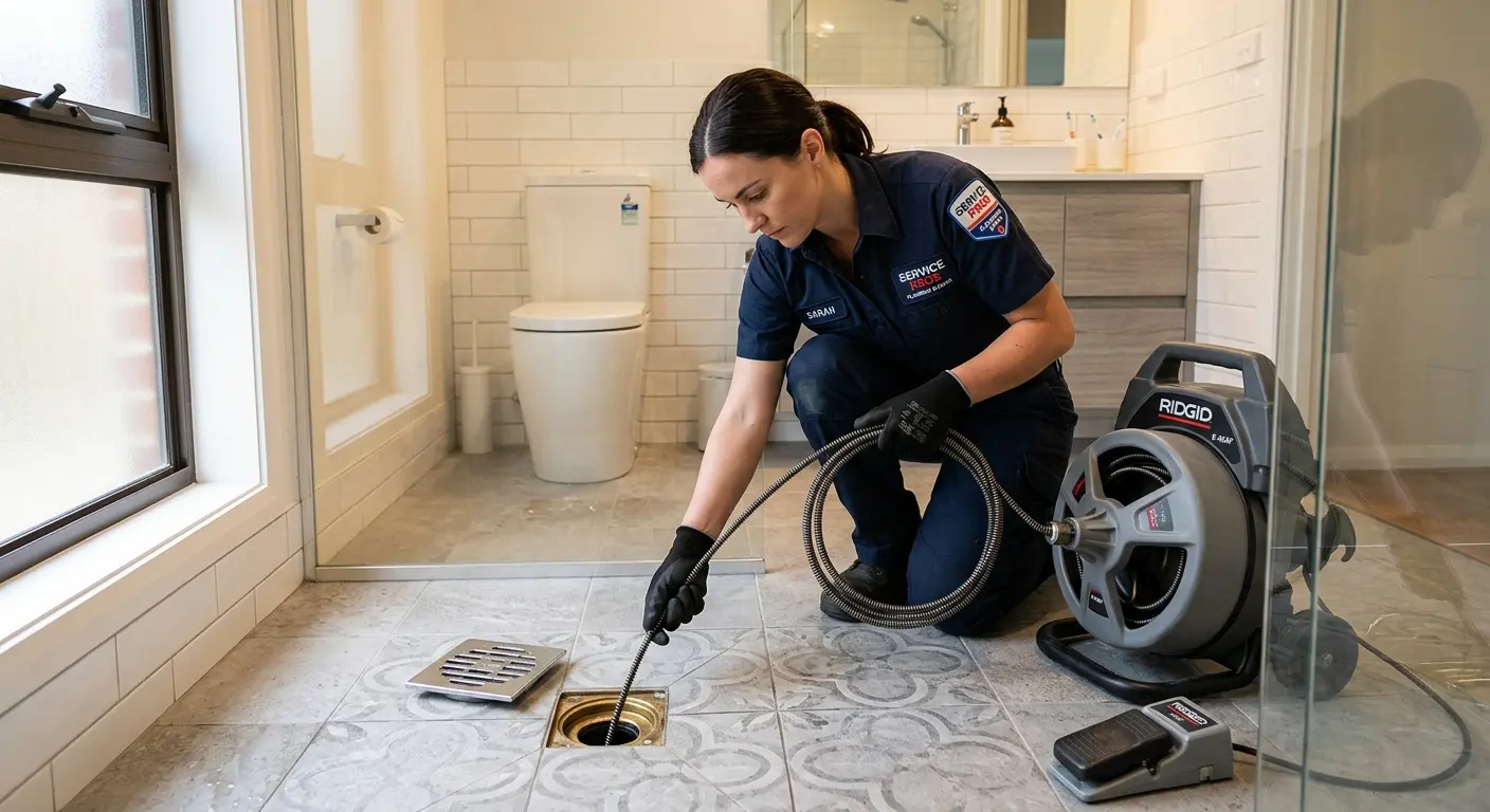 Technician clearing a bathroom floor drain for Drain Cleaning in Marlton